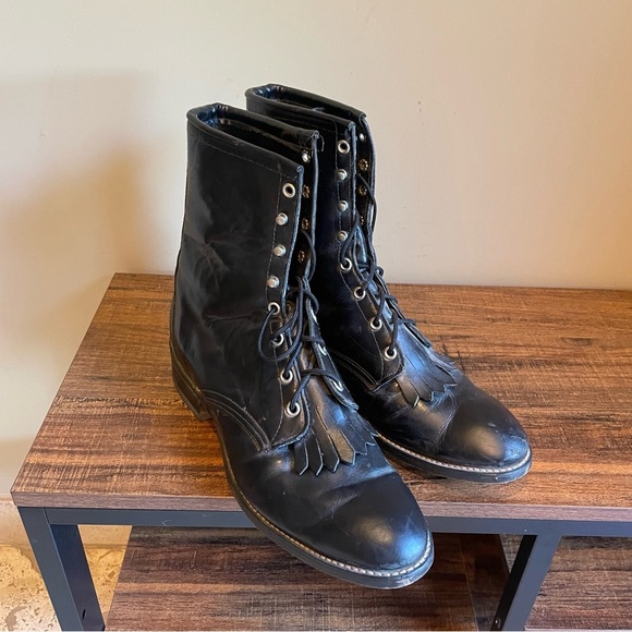 Laredo Mens Kiltie Roper Western Boots 10D Gray Leather Lace Up Vintage - Picture 1 of 6